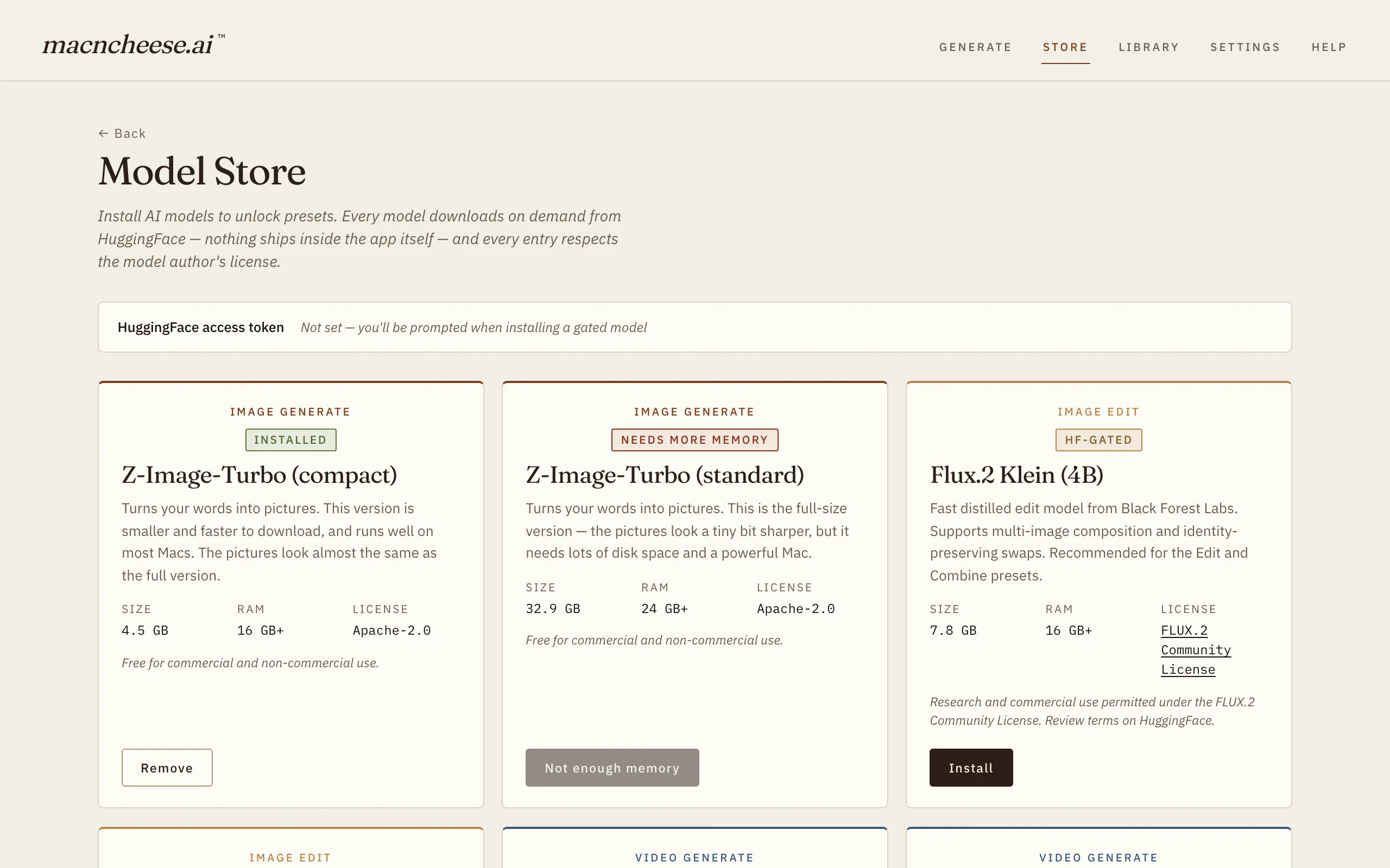The Model Store — curated one-click model downloads with size and license on each